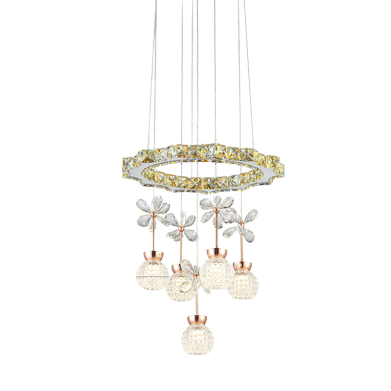 Contemporary Chandelier Pendant Light With Chrome Circle/Gear Design Crystal Dimpled Shade - 1/3/5