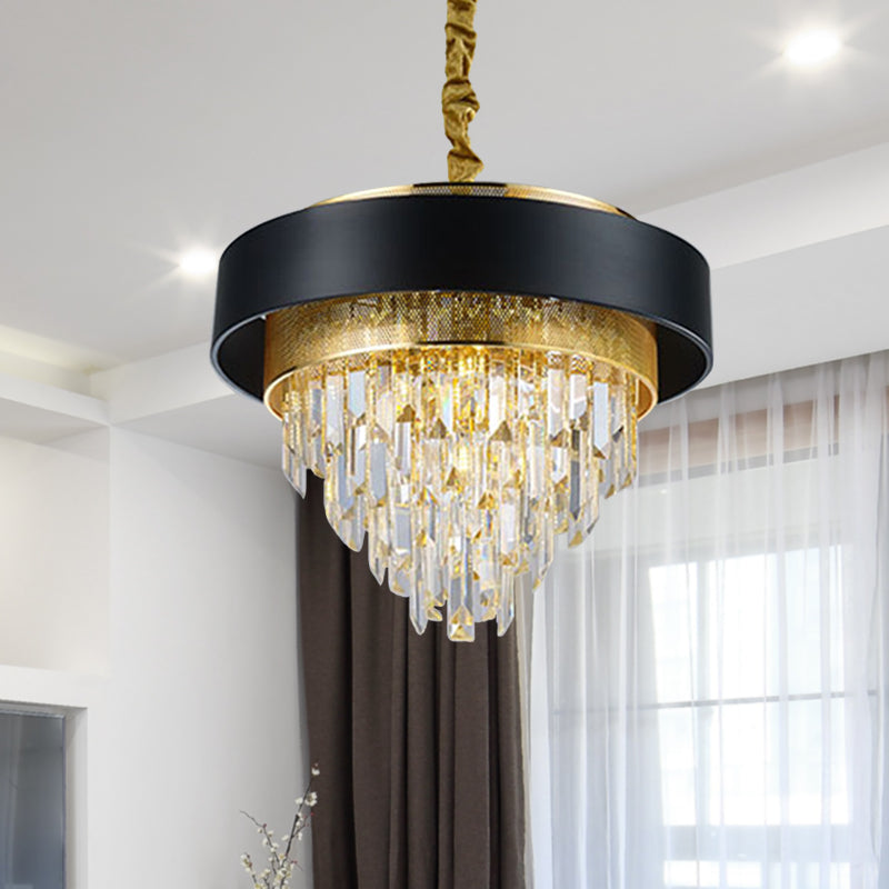 Round Chandelier With Crystal Accents - Elegant 5-Light Dining Room Hanging Lamp In White/Black