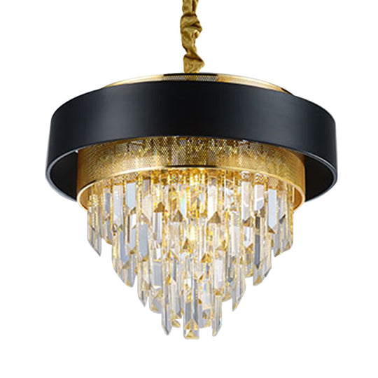Round Chandelier With Crystal Accents - Elegant 5-Light Dining Room Hanging Lamp In White/Black