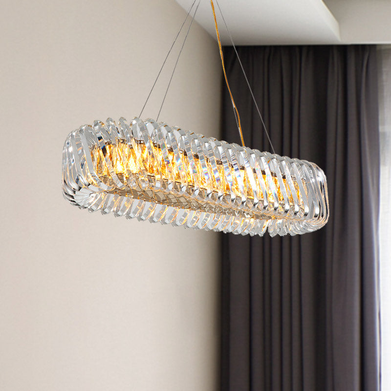 Minimalist 12-Light Clear Crystal Oval Island Lamp Pendant For Dining Room
