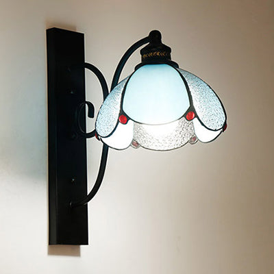 Stained Glass Wall Sconce With Scalloped Design And 3 Lights In White Clear Blue