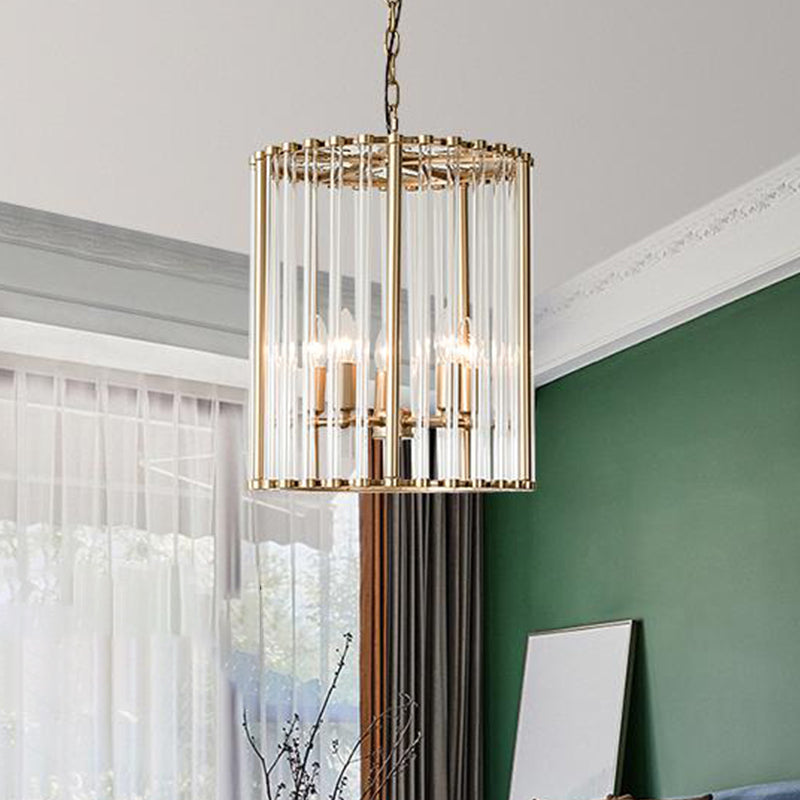 Modernist Crystal Cylinder Chandelier With Brass Pendant Light Fixture - 3/5 Bulbs 10/14 Wide