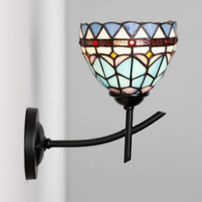 Stained Glass Arm Sconce Light: 1-Light Tiffany Wall Mount In White/Blue/Clear For Bedroom Blue /