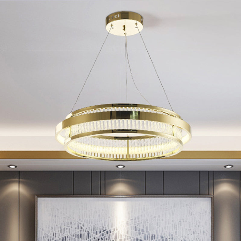 Modern Crystal Rod Led Circle Pendant Light In Gold For Living Room Chandelier