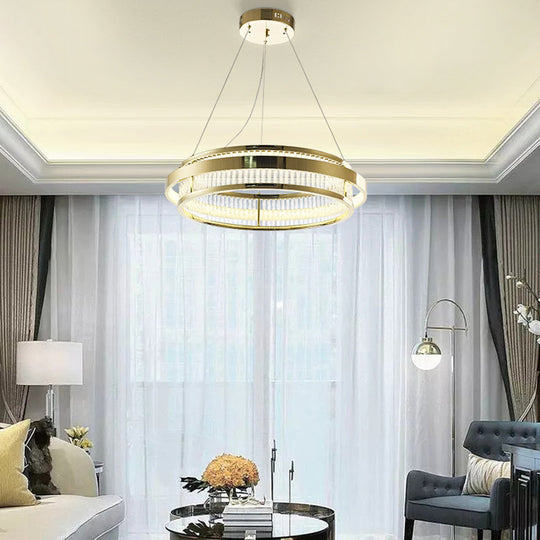 Modern Crystal Rod Led Circle Pendant Light In Gold For Living Room Chandelier