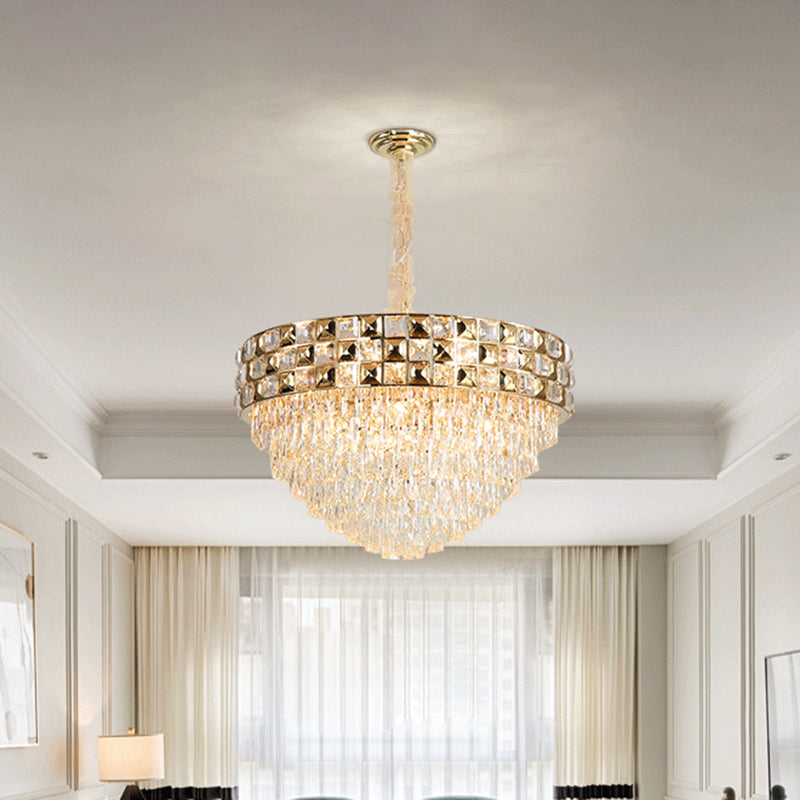 Gold Crystal Block Chandelier Light - Tapered Design With 19 Heads Postmodern Lighting Fixture