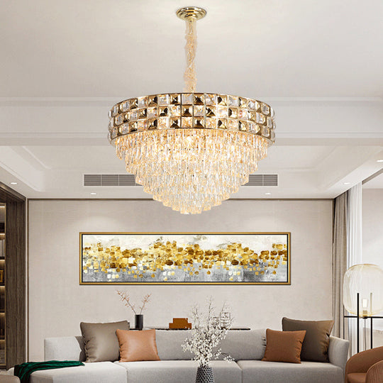 Gold Crystal Block Chandelier Light - Tapered Design With 19 Heads Postmodern Lighting Fixture