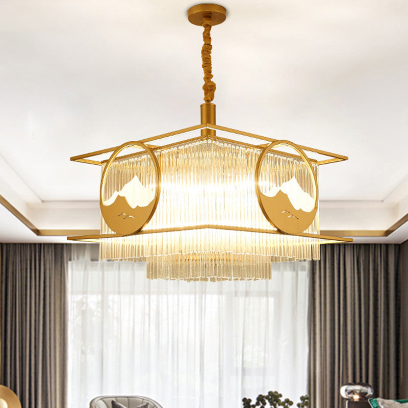 Modern Gold 8-Light Crystal Pendant Chandelier With Square/Round Design / Square Plate