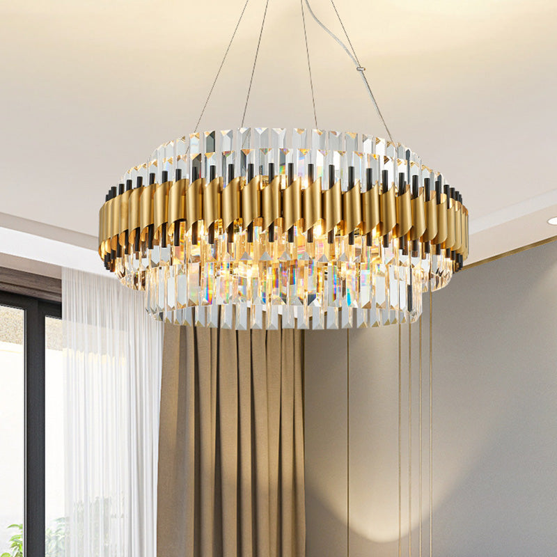 Modern Gold Drum Chandelier With 12 Crystal Rods - Ceiling Pendant Light