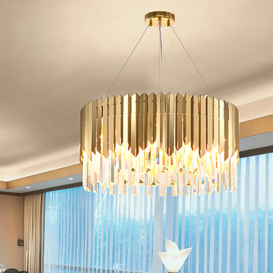 Gold Pendant Chandelier With Tri-Sided Crystal Rod Drum - Postmodern Design 6 Heads Hanging Light