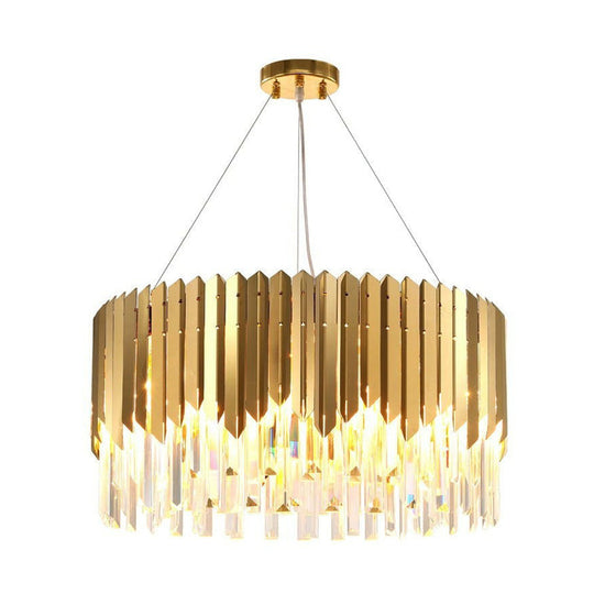 Gold Pendant Chandelier With Tri-Sided Crystal Rod Drum - Postmodern Design 6 Heads Hanging Light