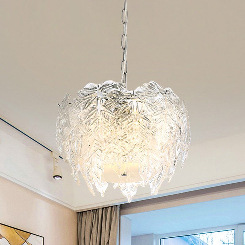 Modern Clear Textured Glass Leaf Pendant Chandelier - 10 Head Bedroom Suspension Lighting