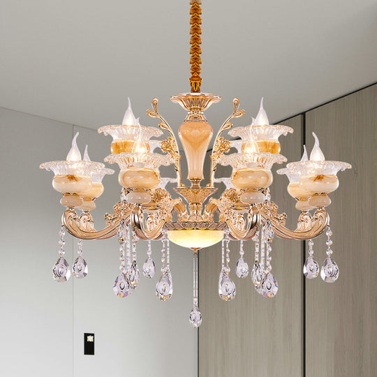 Modern Crystal Drop Gold Candelabra Pendant Chandelier - 6/8/10 Lights Living Room Hanging Light 12