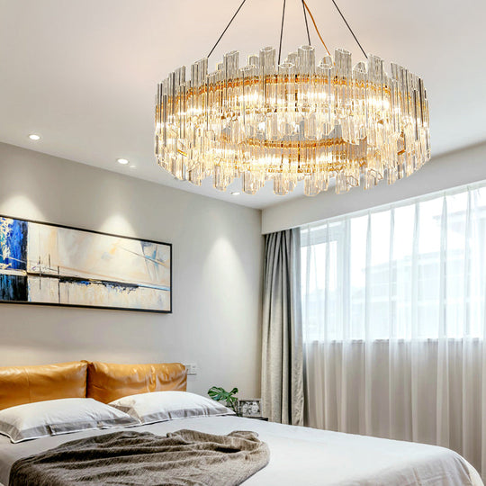 Modern Crystal Drum Chandelier - 8/12 Lights Gold Finish Led Ceiling Lamp For Living Room
