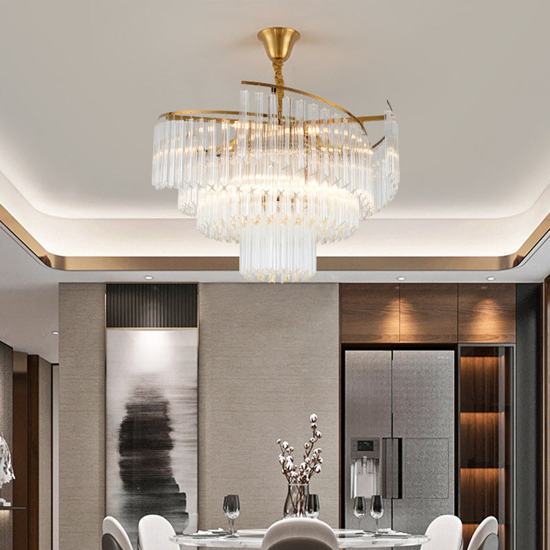 Golden Tiered Crystal Rod Chandelier: 8-Bulb LED Pendant Light for Living Room