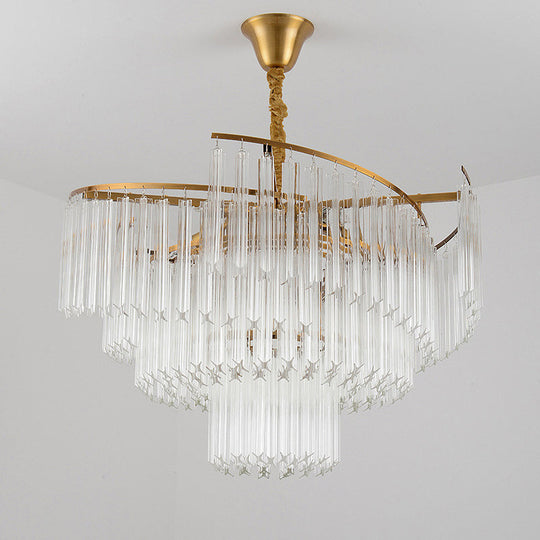 Gold Led Pendant Chandelier With Crystal Rod Shade - 8-Bulb Tiered Light Fixture For Living Room
