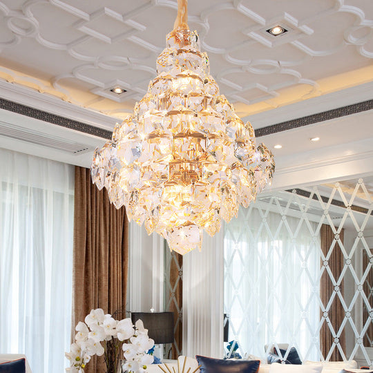 Modern Teardrop Hanging Chandelier - Clear Crystal Glass 12 Bulbs Led Pendant Ceiling Light Gold