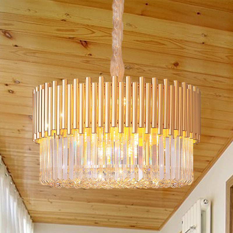 Modern Gold Drum Chandelier With Beveled Glass Crystal And Led Lights - Ideal For Restaurants
