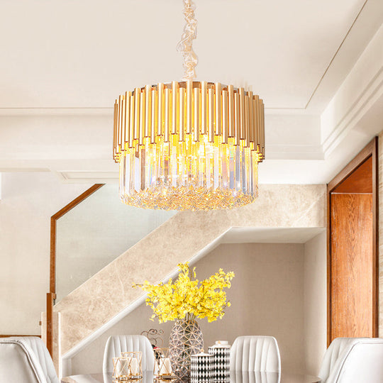 Modern Gold Drum Chandelier With Beveled Glass Crystal And Led Lights - Ideal For Restaurants