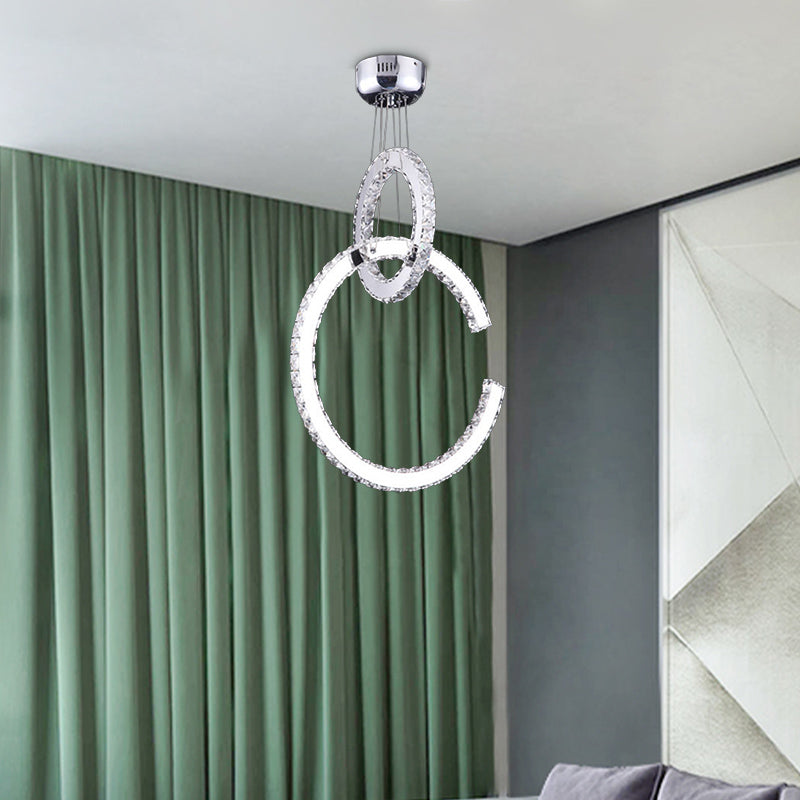 Modern LED Chandelier Lighting for Living Room - 2-Tier Chrome Pendant Light with Beveled K9 Crystal Shade in Warm/White/3 Color Light