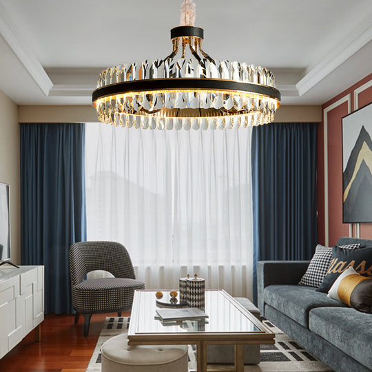 Black Led Chandelier Pendant Light With Round Beveled Crystal Shade - Stylish Living Room Lighting
