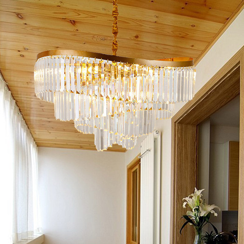 Gold Tiered Led Chandelier Light - Modern 10-Head Crystal Pendant For Living Room