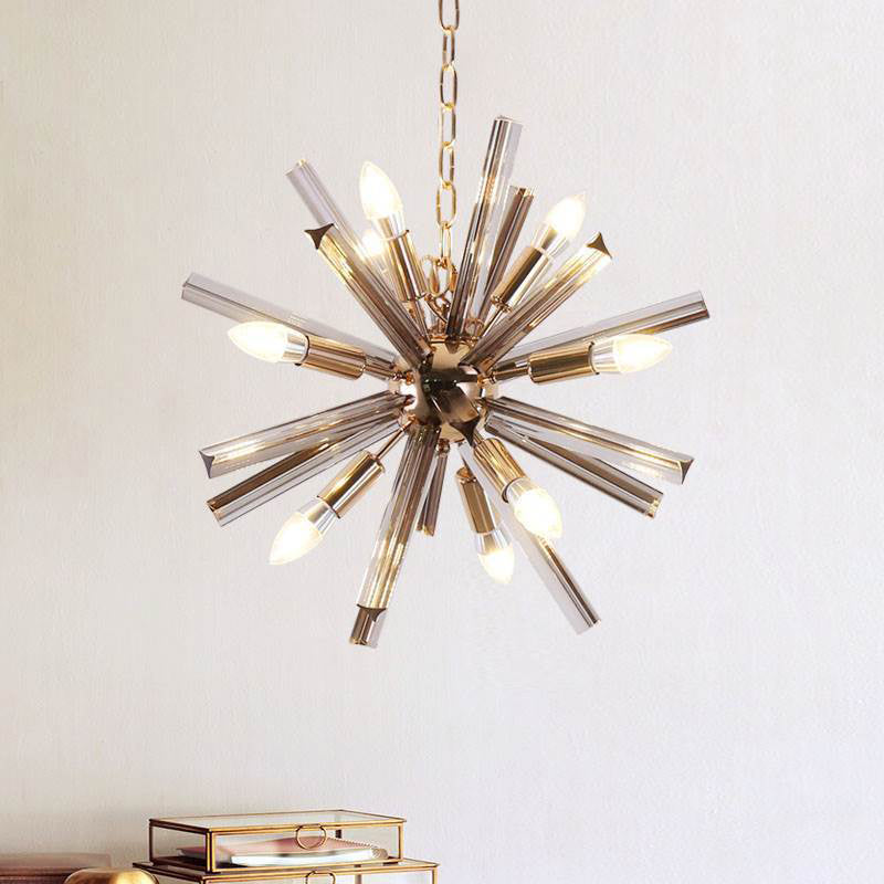 Modern Brass Starburst Chandelier - 9-Light Living Room Pendant With Crystal Beveled Shade