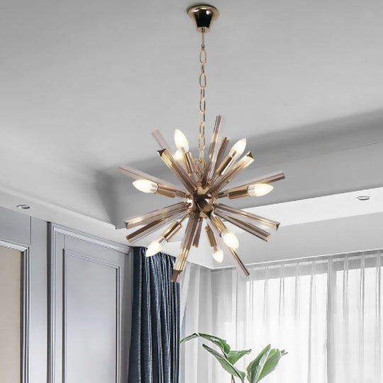 Modern Brass Starburst Chandelier - 9-Light Living Room Pendant With Crystal Beveled Shade