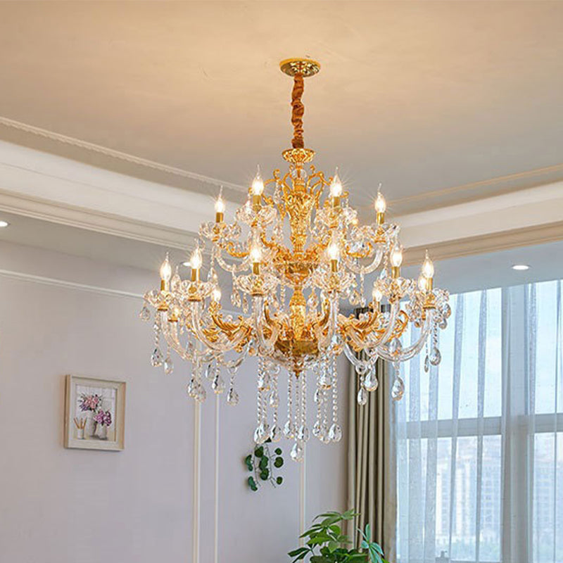 Modern Gold Candelabra Chandelier Light - 8 Heads Metal Pendant Lighting With Dangling Crystal