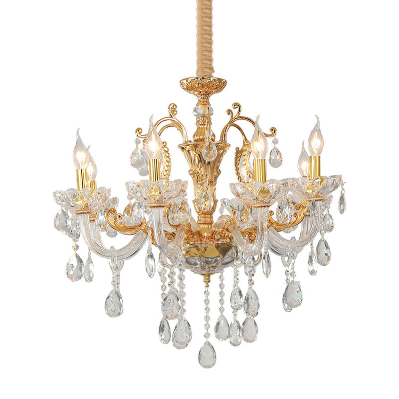 Modern Gold Candelabra Chandelier Light with Crystal Accents - 8 Metal Pendant Heads