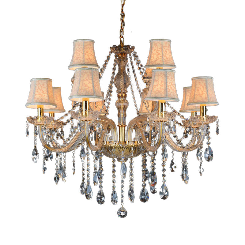 Rustic Clear Crystal Pendant Chandelier: 6/8/10 Heads Beige Hanging Ceiling Light With Fabric Shade