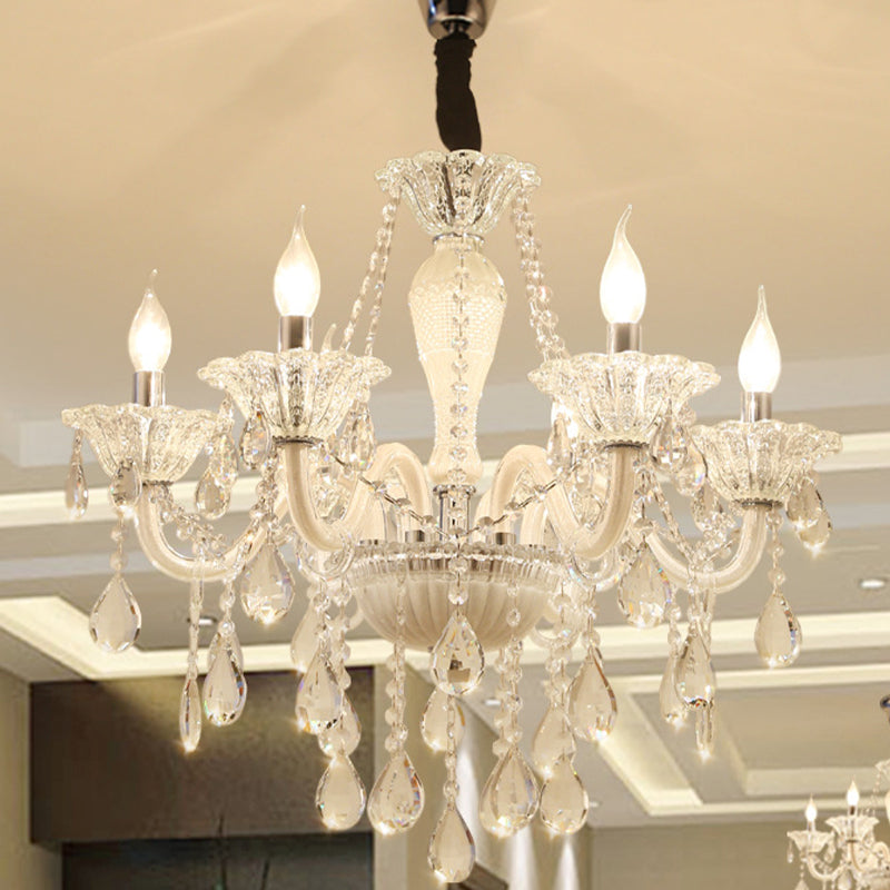 Modern Clear Crystal Glass Chandelier with 6 Bulbs - White Pendant Ceiling Light