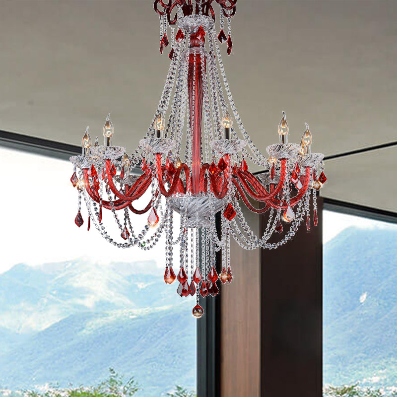 Modern Crystal Candle Chandelier Light Fixture With 12 Red Bulbs - Perfect For Balcony Ceiling