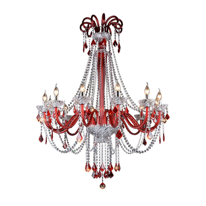Modern Crystal Candle Chandelier Light Fixture With 12 Red Bulbs - Perfect For Balcony Ceiling