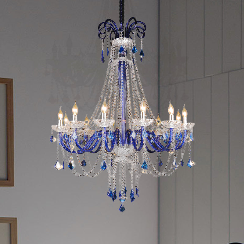 Modern Crystal Hanging Chandelier - 12 Light Blue Ceiling Lamp For Balcony