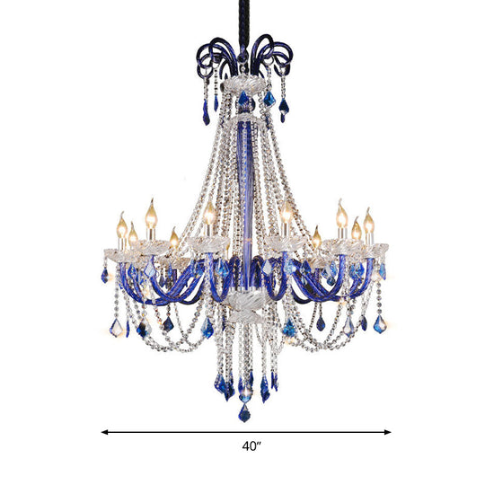 Modern Blue Crystal Candle Chandelier | 12-Light Hanging Ceiling Lamp for Balcony