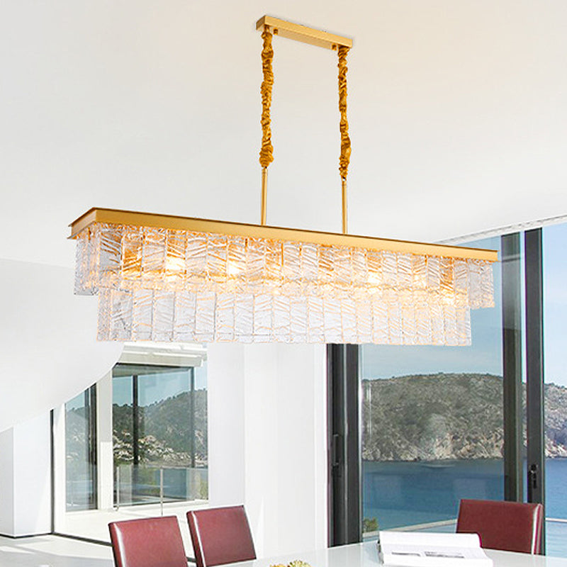 Gold 6-Head Water Crystal Pendant Light: Modern Rectangular Island Ceiling Fixture