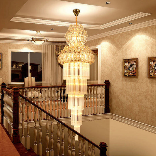 Gold Crystal Rod Stairway Chandelier Pendant Light - 12 Heads Suspension Lamp Clear