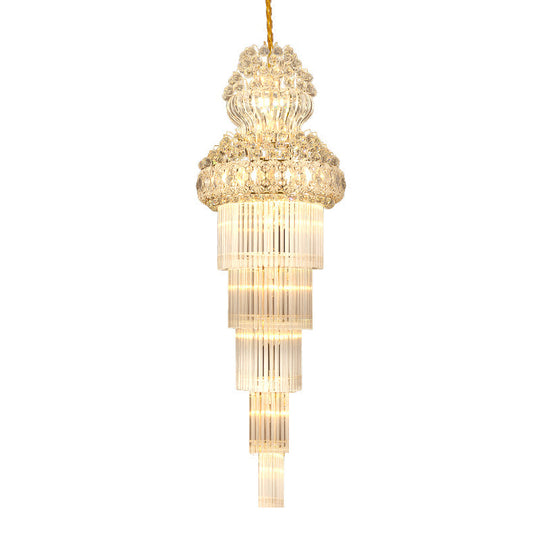12 Heads Stairway Chandelier Pendant Light with Crystal Rod Gold Suspension Lamp