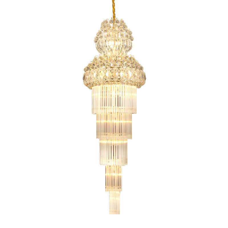 Gold Crystal Rod Stairway Chandelier Pendant Light - 12 Heads Suspension Lamp