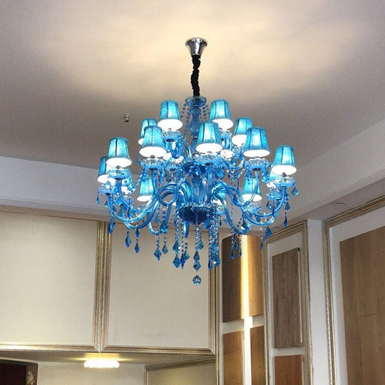 Modern Crystal Pendant Chandelier With Blue Hanging Light - 6/18 Bulbs Candle/Bell Design