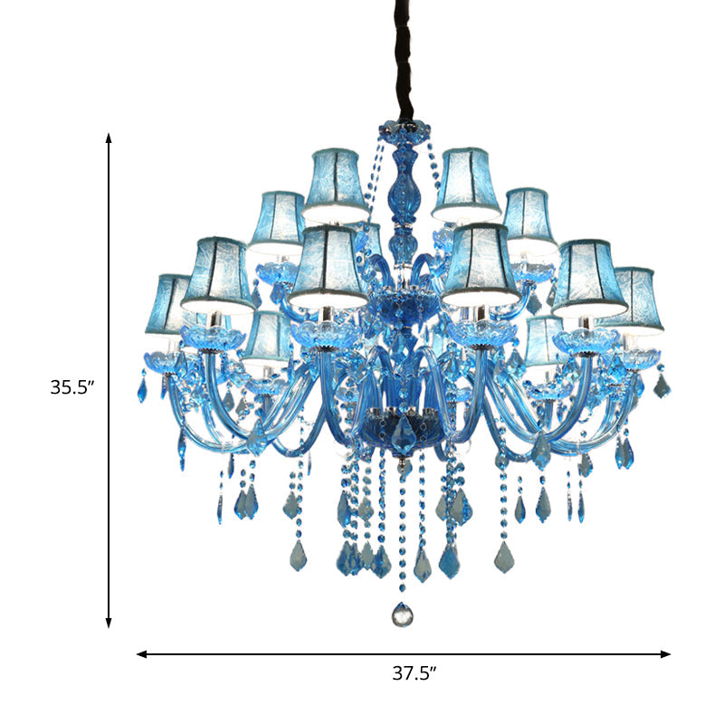 Modern Crystal Pendant Chandelier With Blue Hanging Light - 6/18 Bulbs Candle/Bell Design
