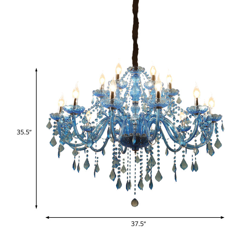 Modern Crystal Pendant Chandelier Blue Hanging Light, 6/18 Bulbs, Candle/Bell Design, 23.5"/37.5" W