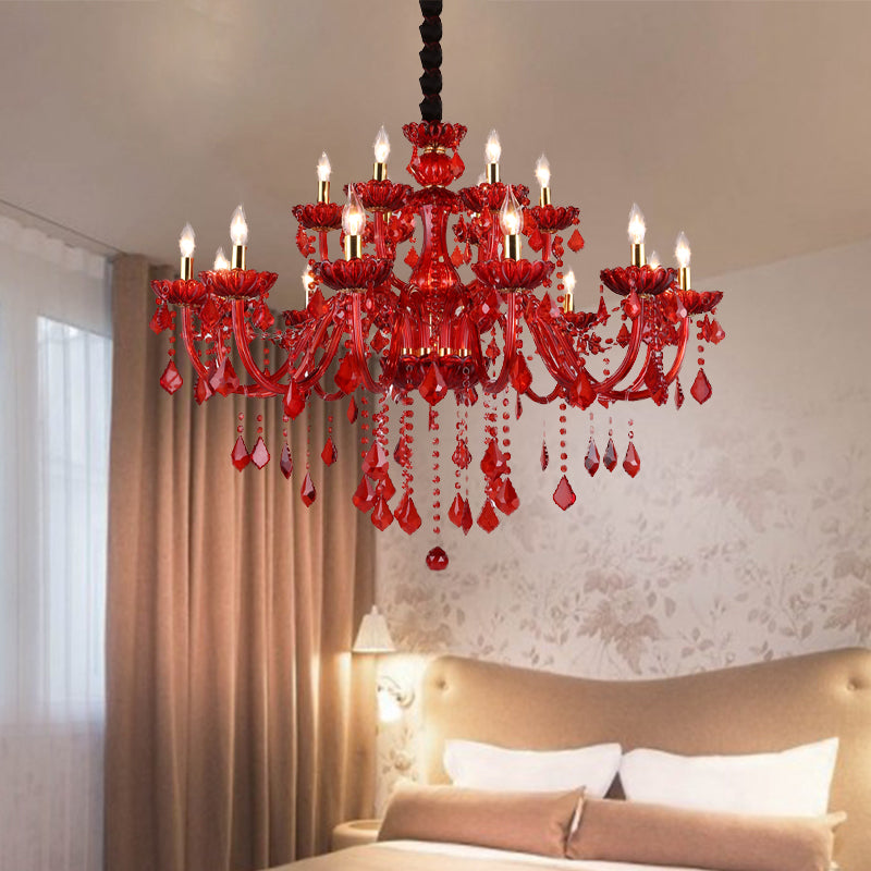 Modern Crystal Chandelier Pendant Light With Red Shade - 6/18 Lights 23.5/37.5 Wide / 37.5 Shadeless