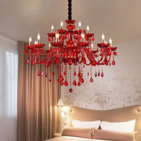 Modern Crystal Chandelier Pendant Light With Red Shade - 6/18 Lights 23.5/37.5 Wide / 37.5 Shadeless