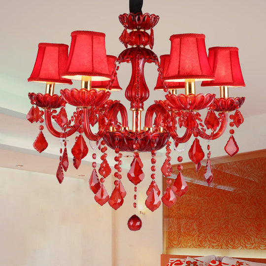 Modern Crystal Chandelier Pendant Light With Red Shade - 6/18 Lights 23.5/37.5 Wide / 23.5 With