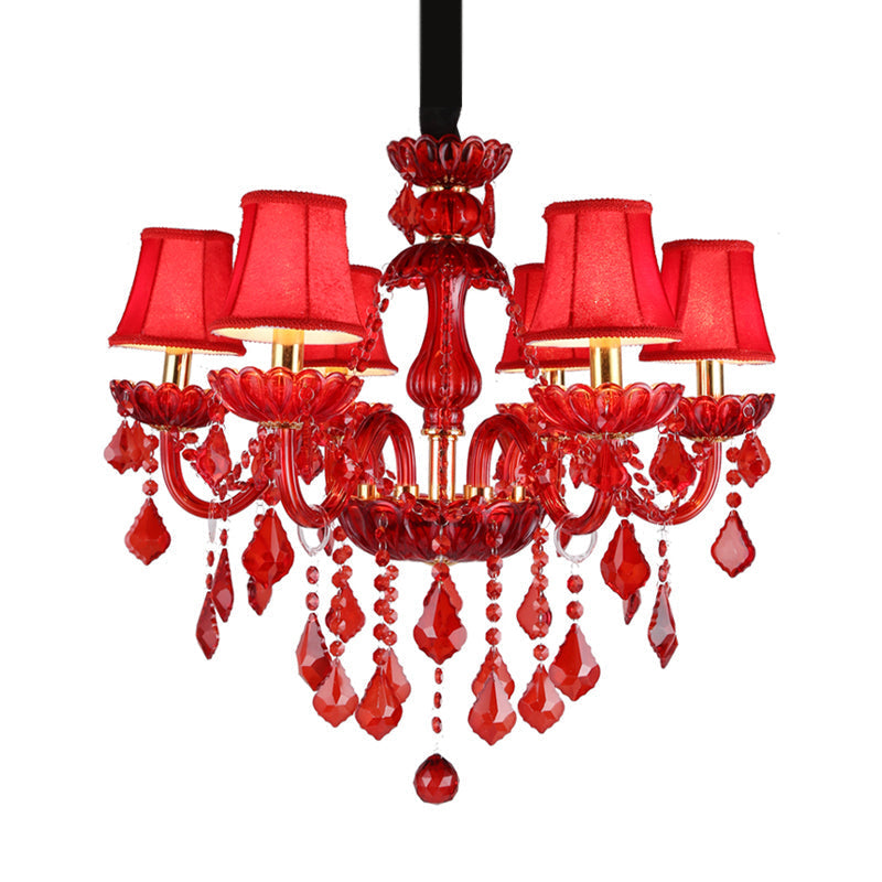 Modern Crystal Chandelier Pendant Light With Red Shade - 6/18 Lights 23.5/37.5 Wide