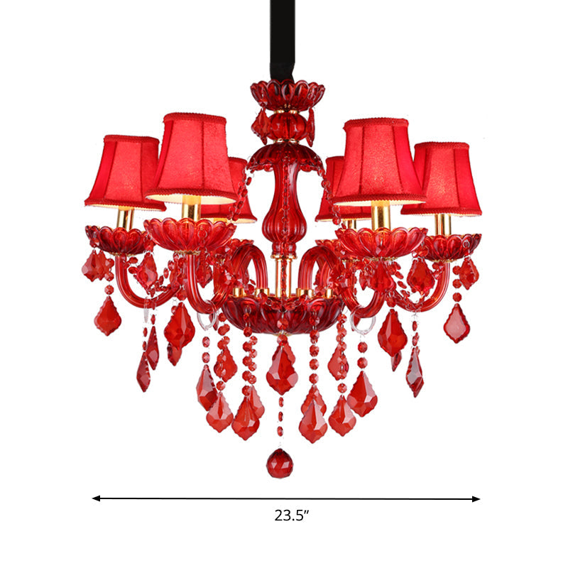Modern Crystal Chandelier Pendant Light With Red Shade - 6/18 Lights 23.5/37.5 Wide