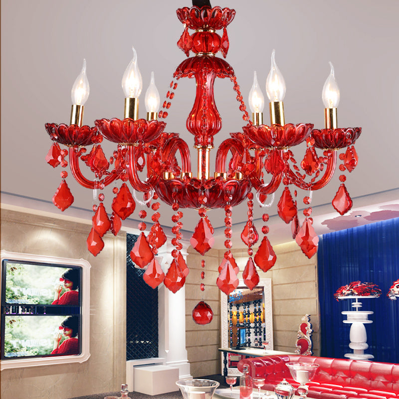 Modern Crystal Chandelier Pendant Light With Red Shade - 6/18 Lights 23.5/37.5 Wide / 23.5 Shadeless