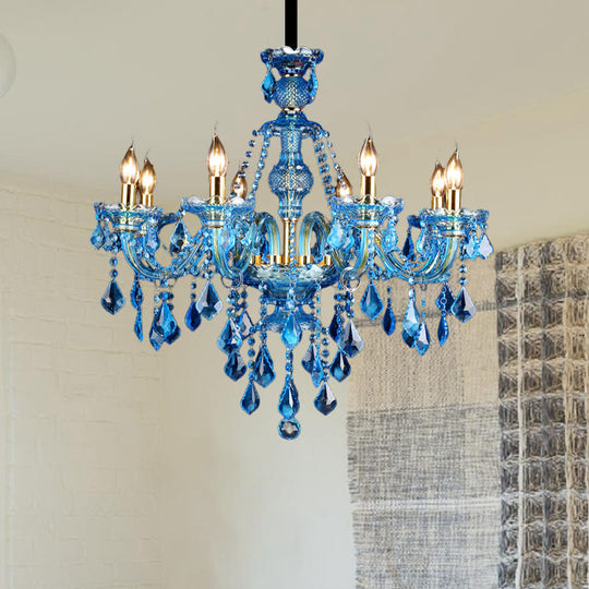 Modern Blue Glass Crystal Chandelier Light With Beveled Pendant - 8/18 Heads Shade/Shadeless Options